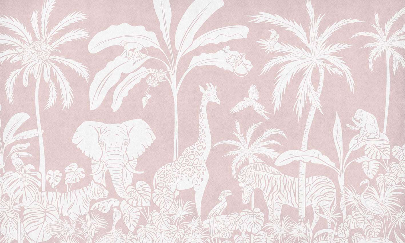 Monochrome Jungle - Pink letër murale Kikki Belle me kafshë safari, palma dhe bimësi tropikale