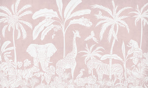 Monochrome Jungle - Pink letër murale Kikki Belle me kafshë safari, palma dhe bimësi tropikale