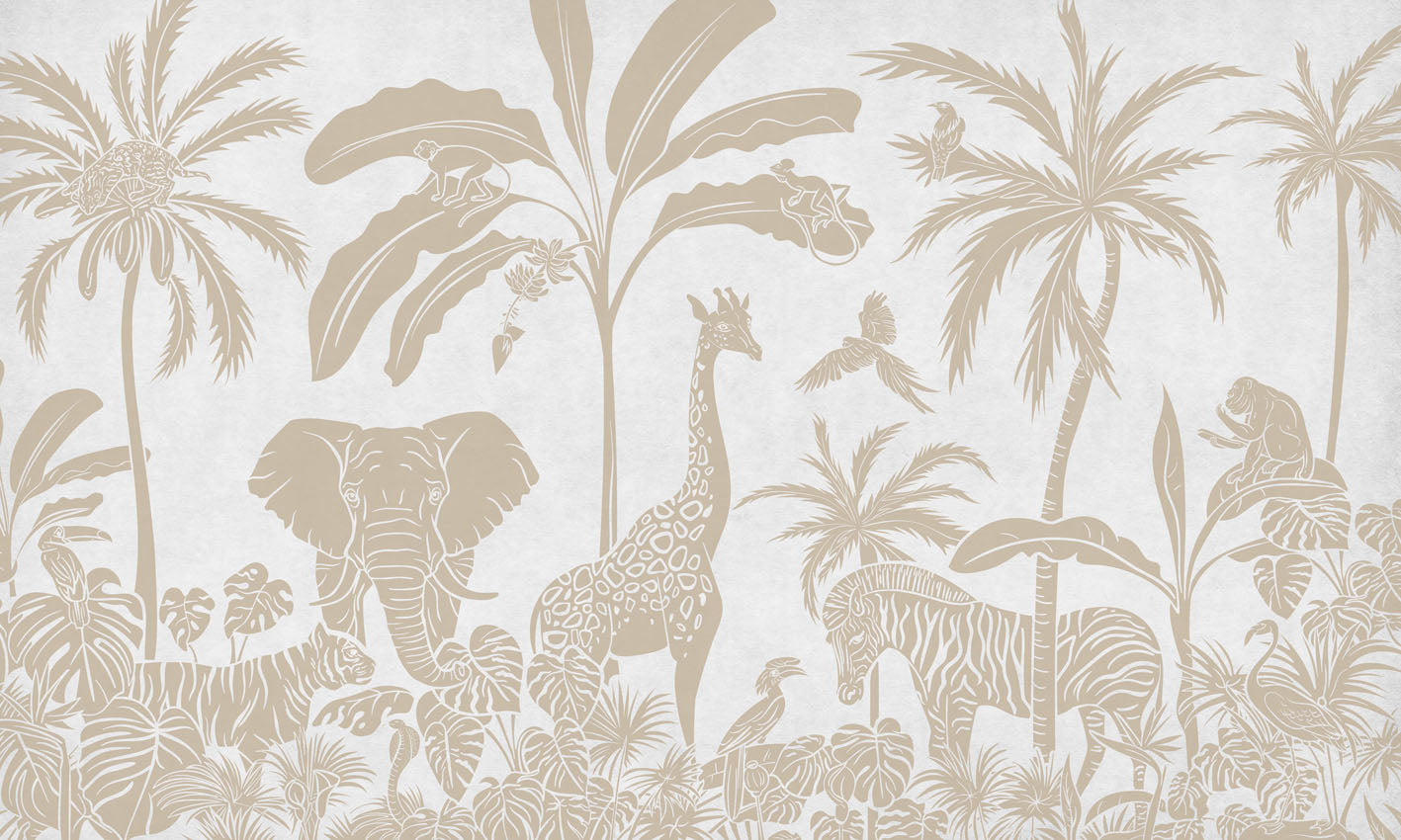 Monochrome Jungle - White Vintage letër murale Kikki Belle me kafshë safari, palma dhe bimësi tropikale