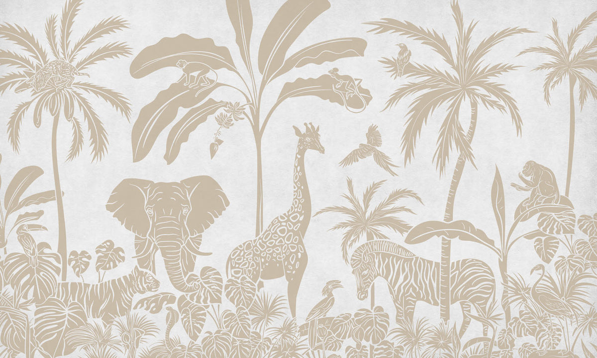 Monochrome Jungle - White Vintage letër murale Kikki Belle me kafshë safari, palma dhe bimësi tropikale