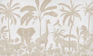 Monochrome Jungle - White Vintage letër murale Kikki Belle me kafshë safari, palma dhe bimësi tropikale