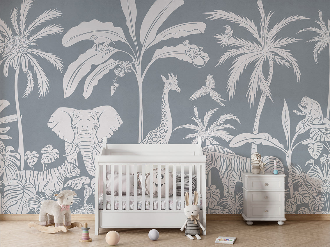 MONOCHROME JUNGLE BLUE - Mural - Crib white