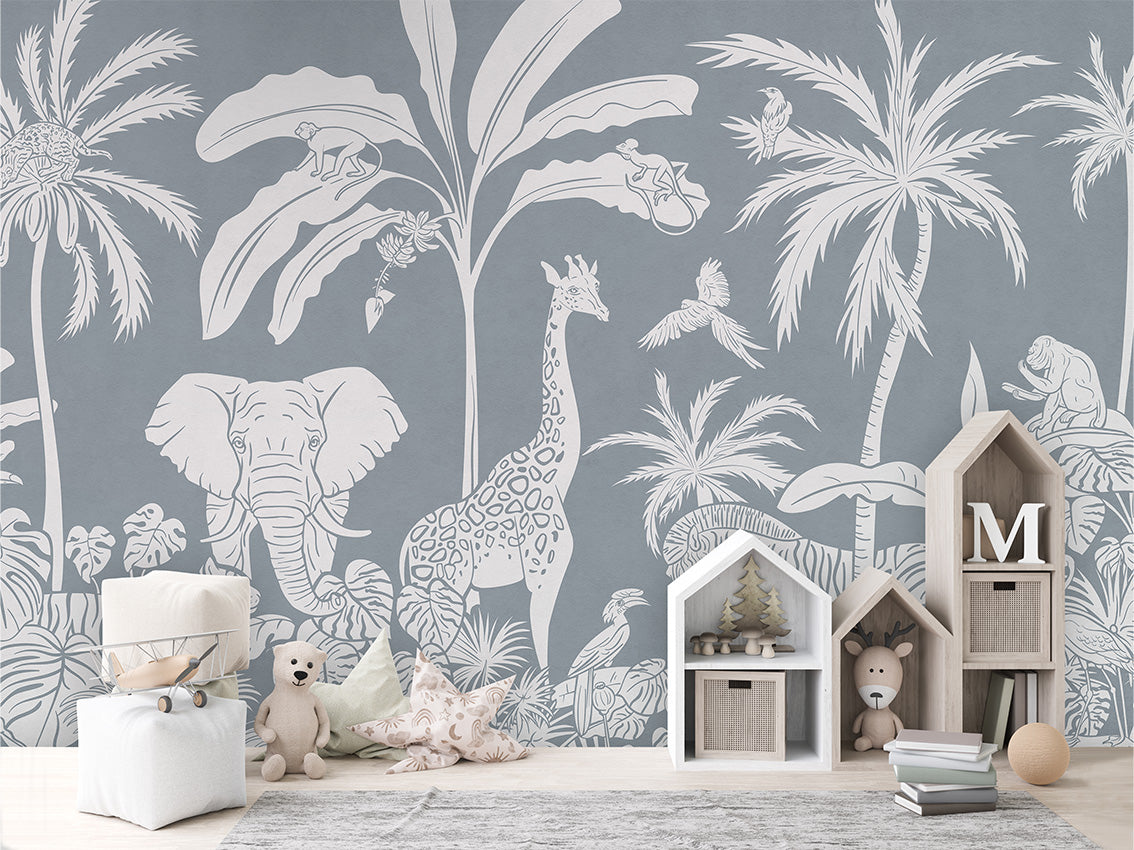 MONOCHROME JUNGLE BLUE - Mural - House cabinets