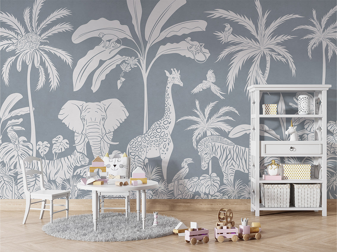 MONOCHROME JUNGLE BLUE - Mural - Table and cabinet