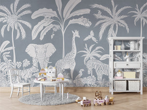 MONOCHROME JUNGLE BLUE - Mural - Table and cabinet