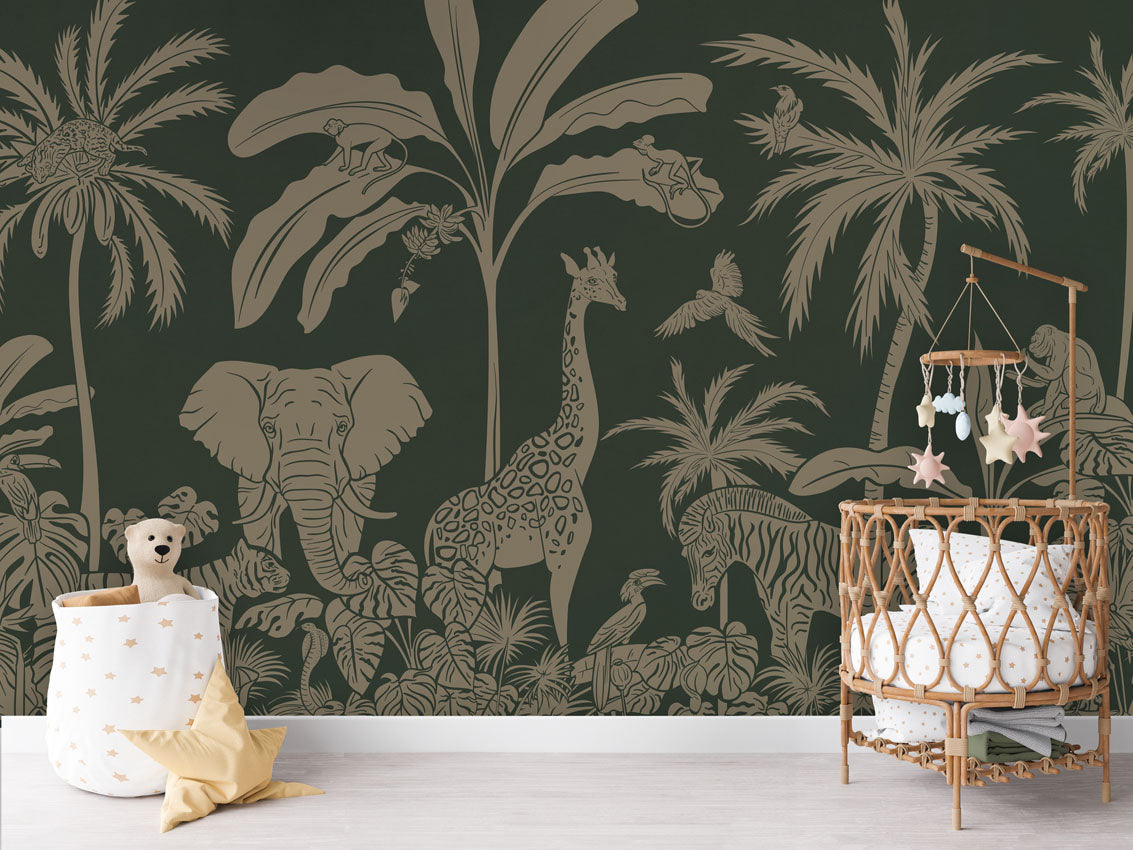 MONOCHROME JUNGLE GREEN VINTAGE - Mural - Crib rotan