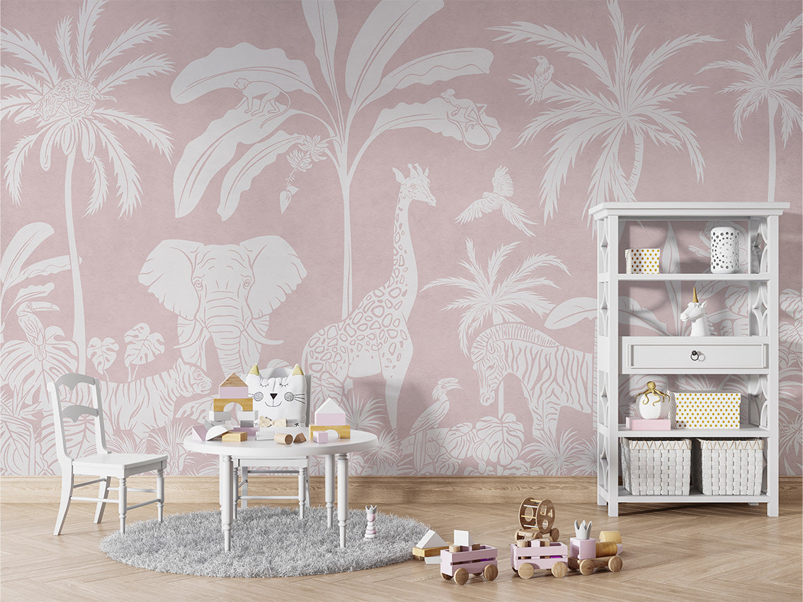 MONOCHROME JUNGLE PINK - Mural - Table and cabinet
