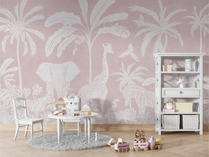 MONOCHROME JUNGLE PINK - Mural - Table and cabinet