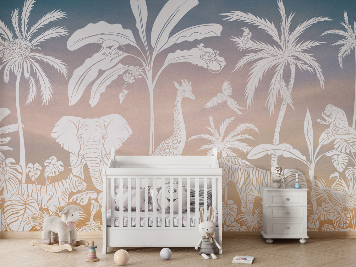 MONOCHROME JUNGLE PINK SKY - Mural - Crib white