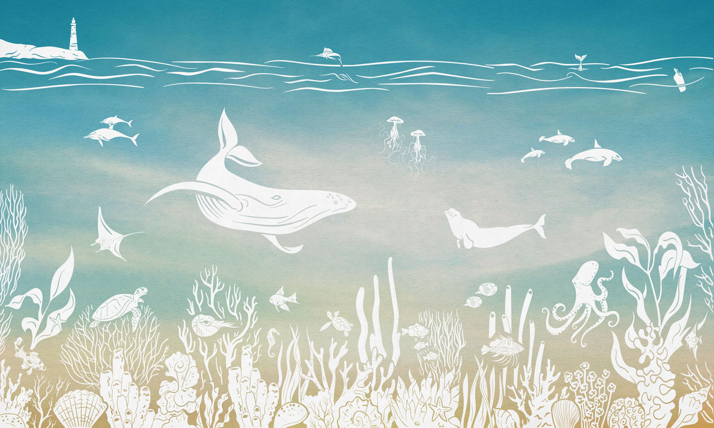 Monochrome Sea - Blue Aqua letër murale Kikki Belle me balena, peshq dhe bimësi detare