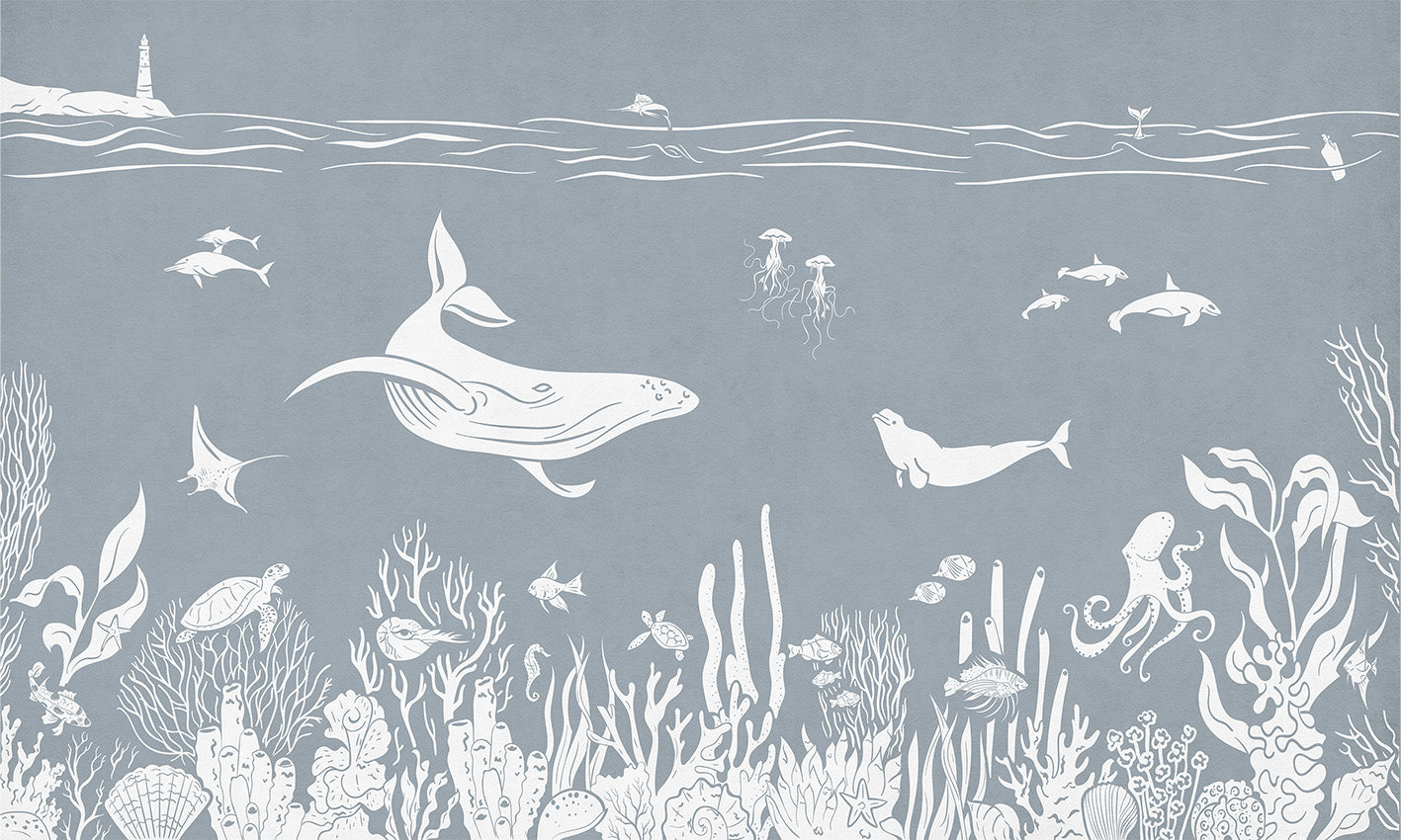 Monochrome Sea - Blue letër murale Kikki Belle me balena, peshq dhe bimësi detare