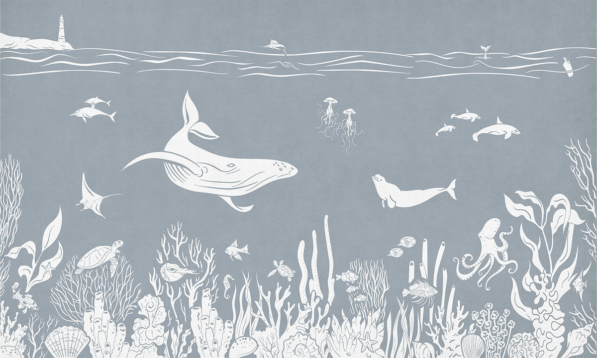 Monochrome Sea - Blue letër murale Kikki Belle me balena, peshq dhe bimësi detare