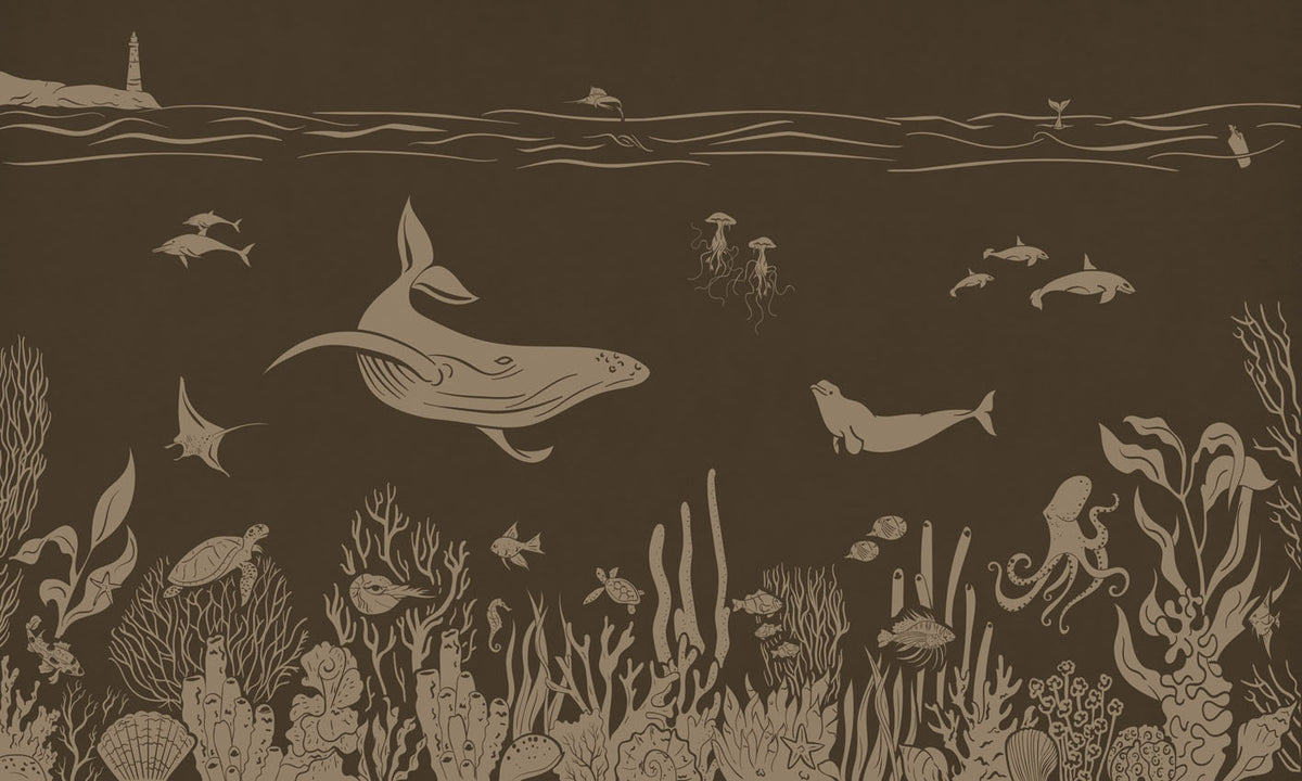 Monochrome Sea - Brown Vintage letër murale Kikki Belle me balena, peshq dhe bimësi detare