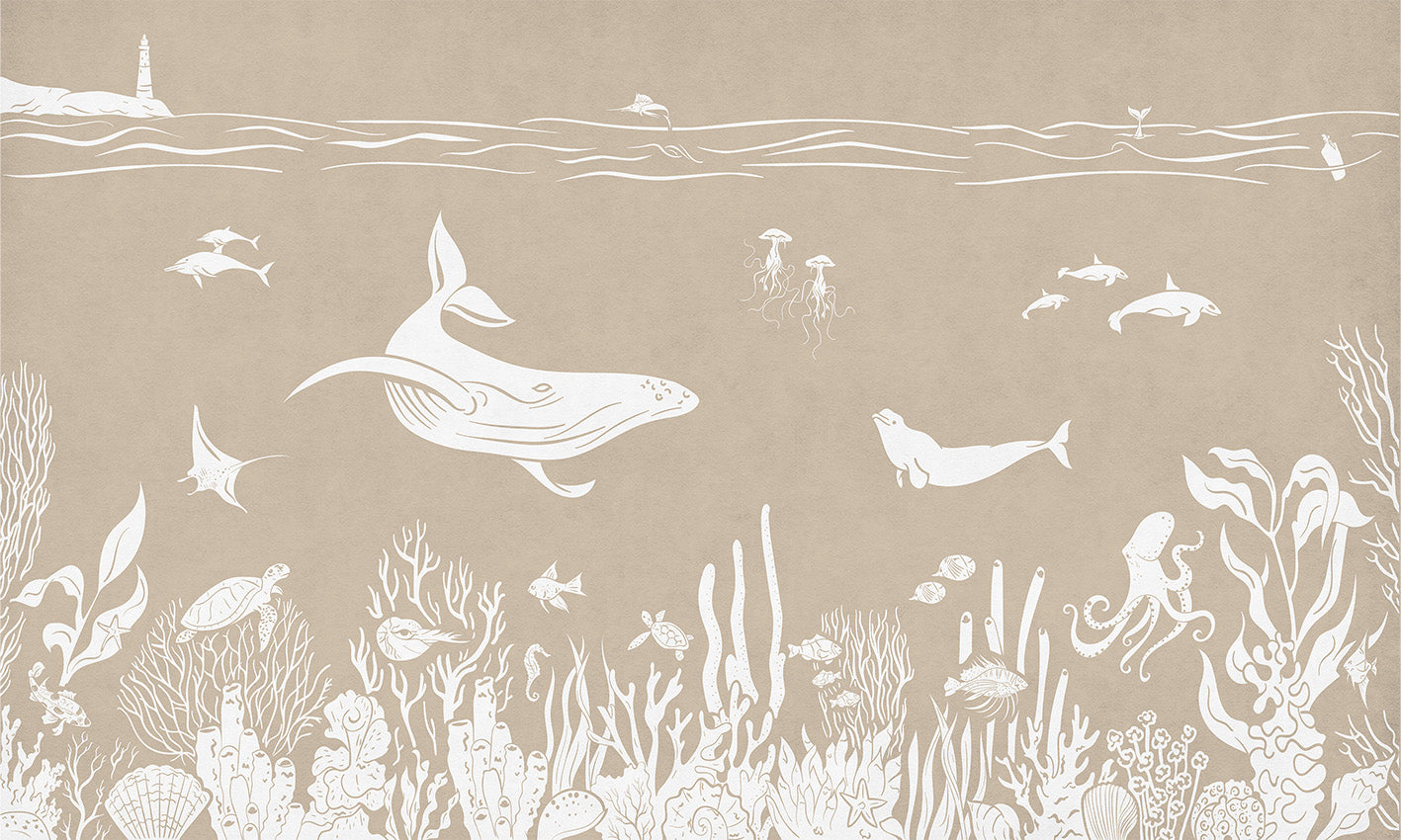 Monochrome Sea - Brown letër murale Kikki Belle me balena, peshq dhe bimësi detare