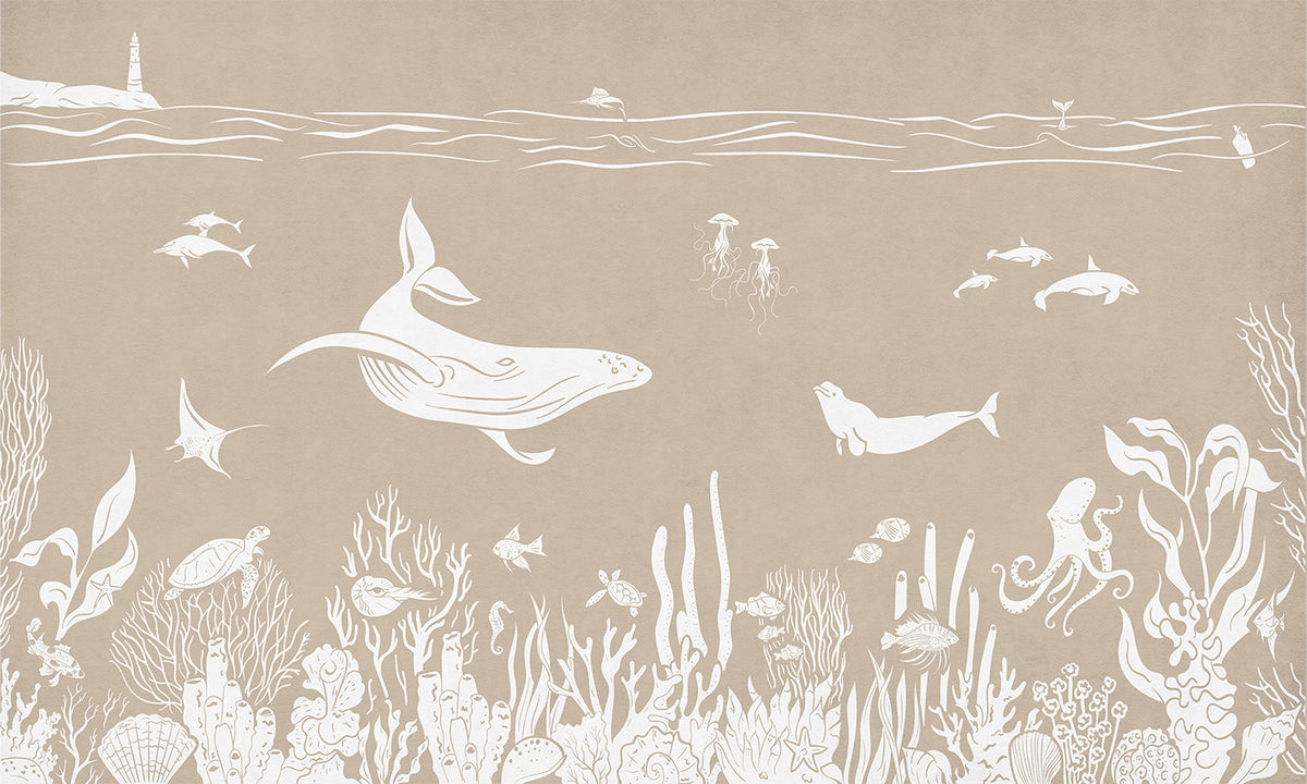 Monochrome Sea - Brown letër murale Kikki Belle me balena, peshq dhe bimësi detare
