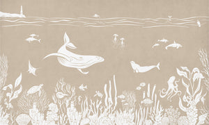 Monochrome Sea - Brown letër murale Kikki Belle me balena, peshq dhe bimësi detare