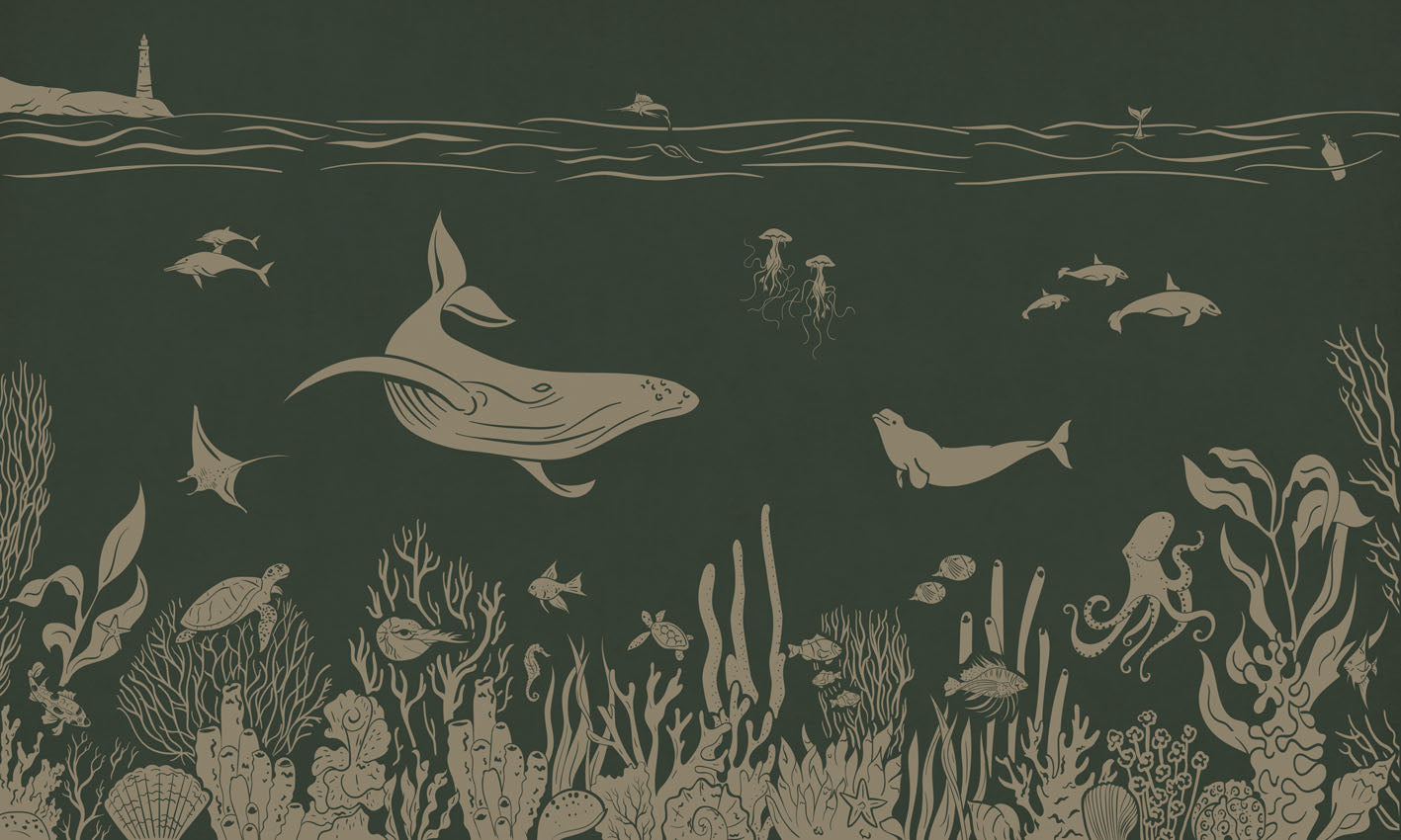 Monochrome Sea - Green Vintage letër murale Kikki Belle me balena, peshq dhe bimësi detare