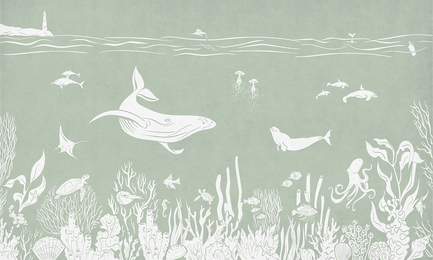 Monochrome Sea - Green letër murale Kikki Belle me balena, peshq dhe bimësi detare