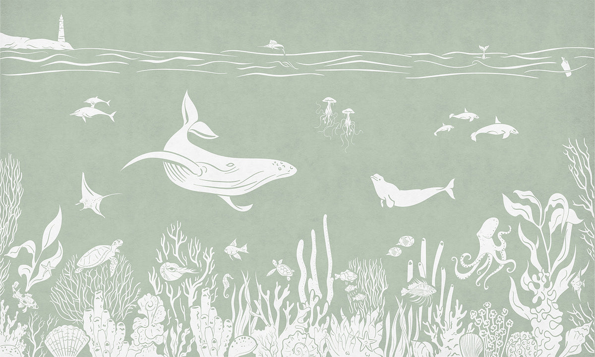 Monochrome Sea - Green letër murale Kikki Belle me balena, peshq dhe bimësi detare