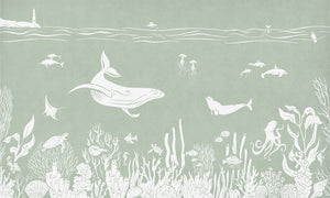 Monochrome Sea - Green letër murale Kikki Belle me balena, peshq dhe bimësi detare