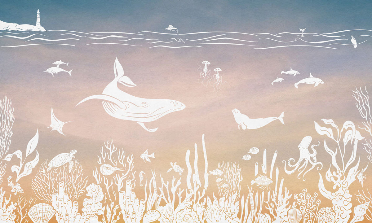 Monochrome Sea - Pink Aqua letër murale Kikki Belle me balena, peshq dhe bimësi detare