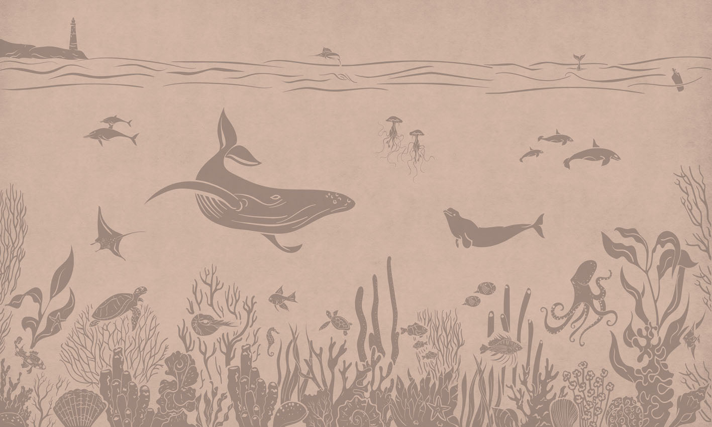 Monochrome Sea - Pink Vintage letër murale Kikki Belle me balena, peshq dhe bimësi detare