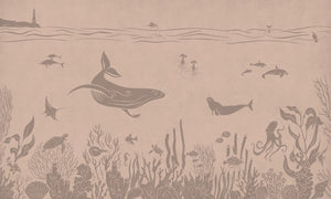 Monochrome Sea - Pink Vintage letër murale Kikki Belle me balena, peshq dhe bimësi detare