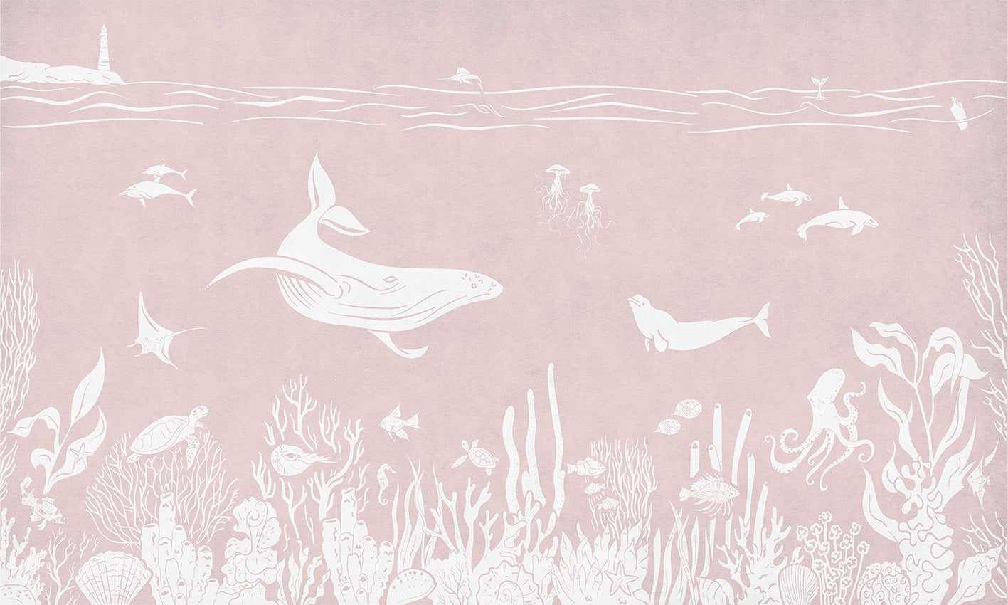 Monochrome Sea - Pink letër murale Kikki Belle me balena, peshq dhe bimësi detare