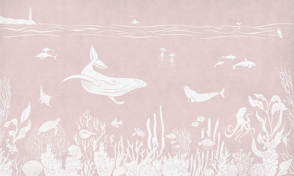 Monochrome Sea - Pink letër murale Kikki Belle me balena, peshq dhe bimësi detare
