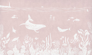 Monochrome Sea - Pink letër murale Kikki Belle me balena, peshq dhe bimësi detare