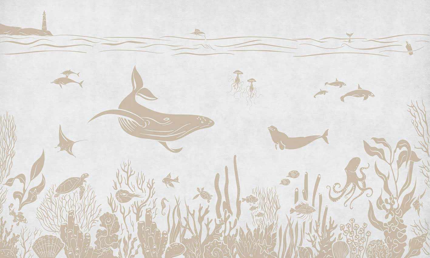 Monochrome Sea - White Vintage letër murale Kikki Belle me balena, peshq dhe bimësi detare
