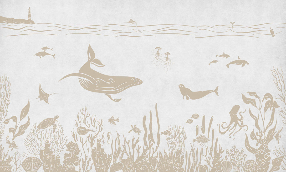 Monochrome Sea - White Vintage letër murale Kikki Belle me balena, peshq dhe bimësi detare