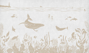 Monochrome Sea - White Vintage letër murale Kikki Belle me balena, peshq dhe bimësi detare