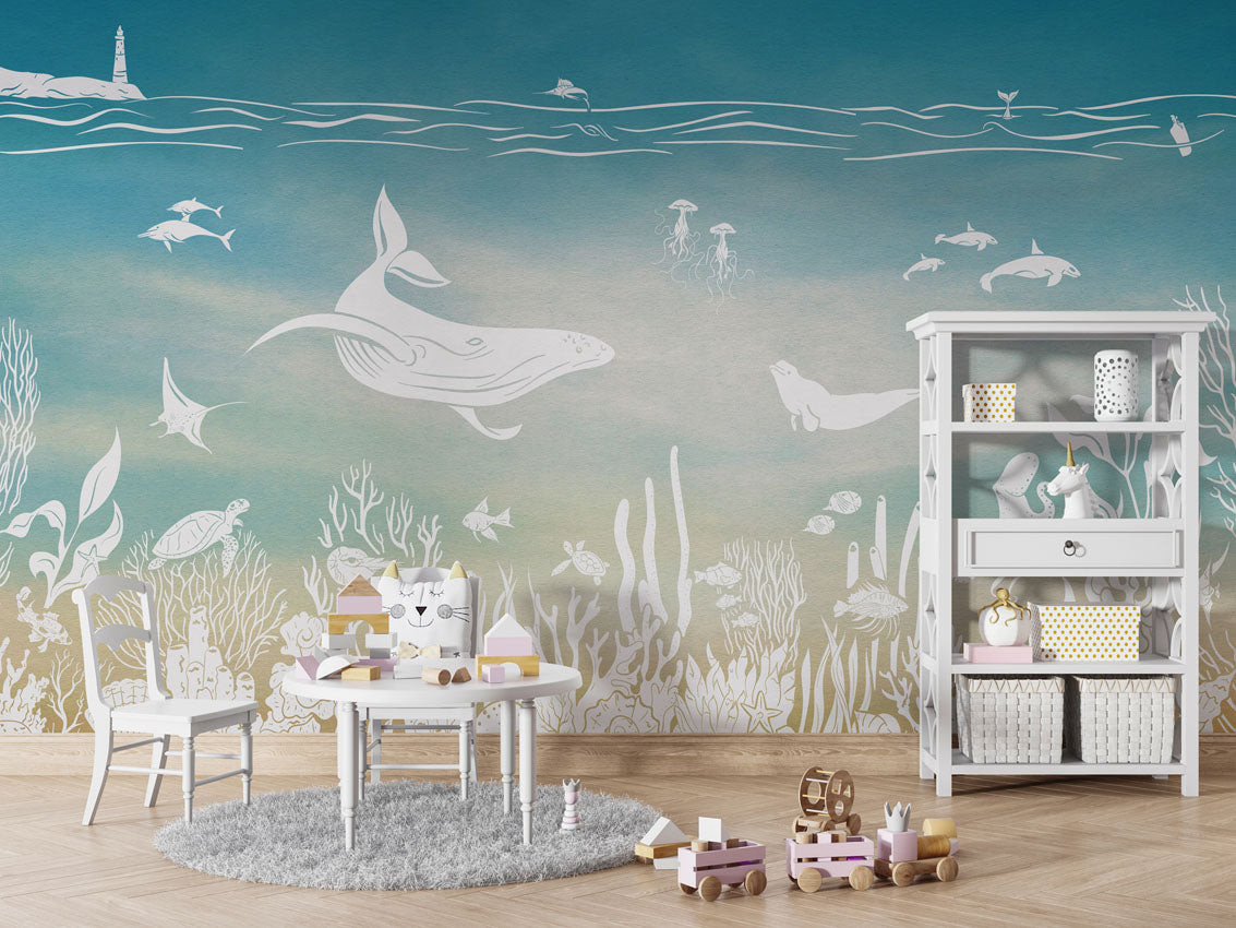 MONOCHROME SEA BLUE AQUA - Mural - Table and cabinet