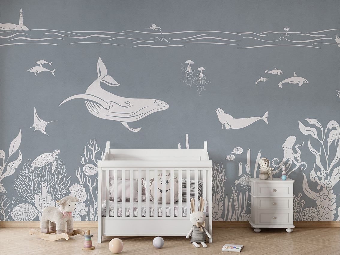 MONOCHROME SEA BLUE - Mural - Crib white