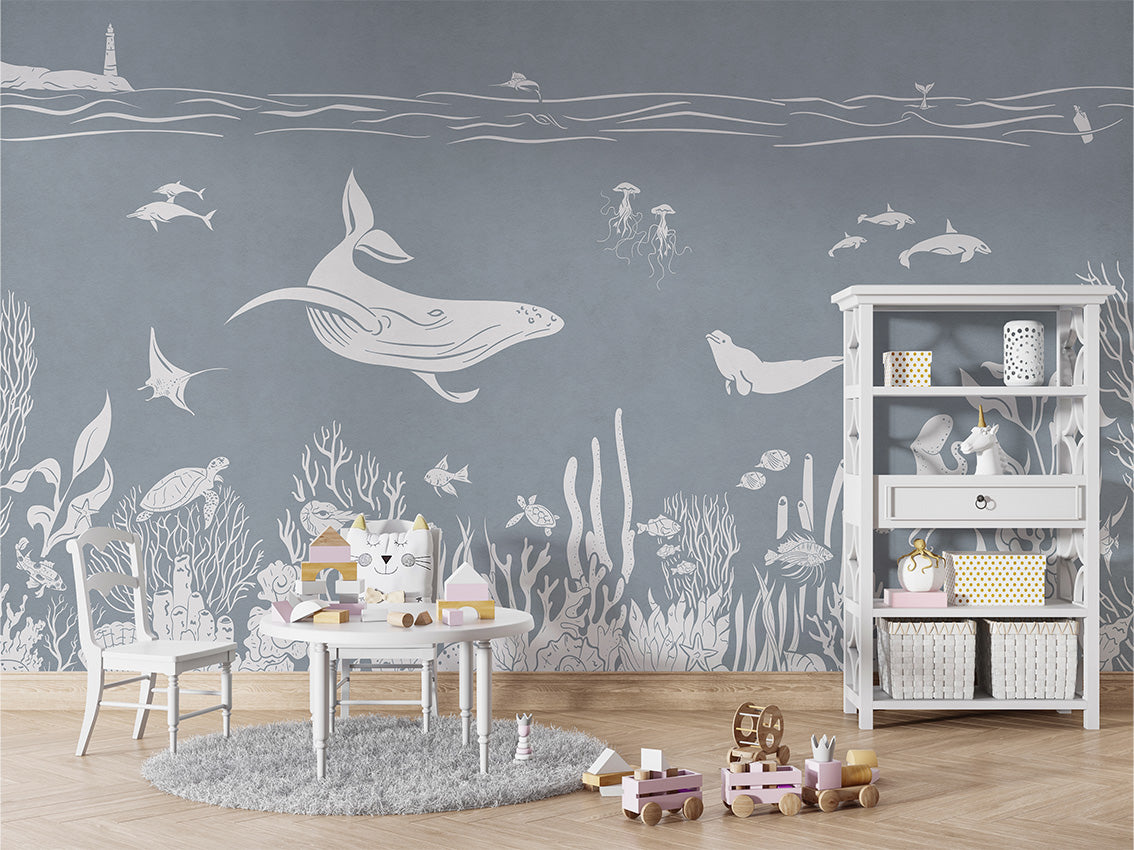 MONOCHROME SEA BLUE - Mural - Table and cabinet