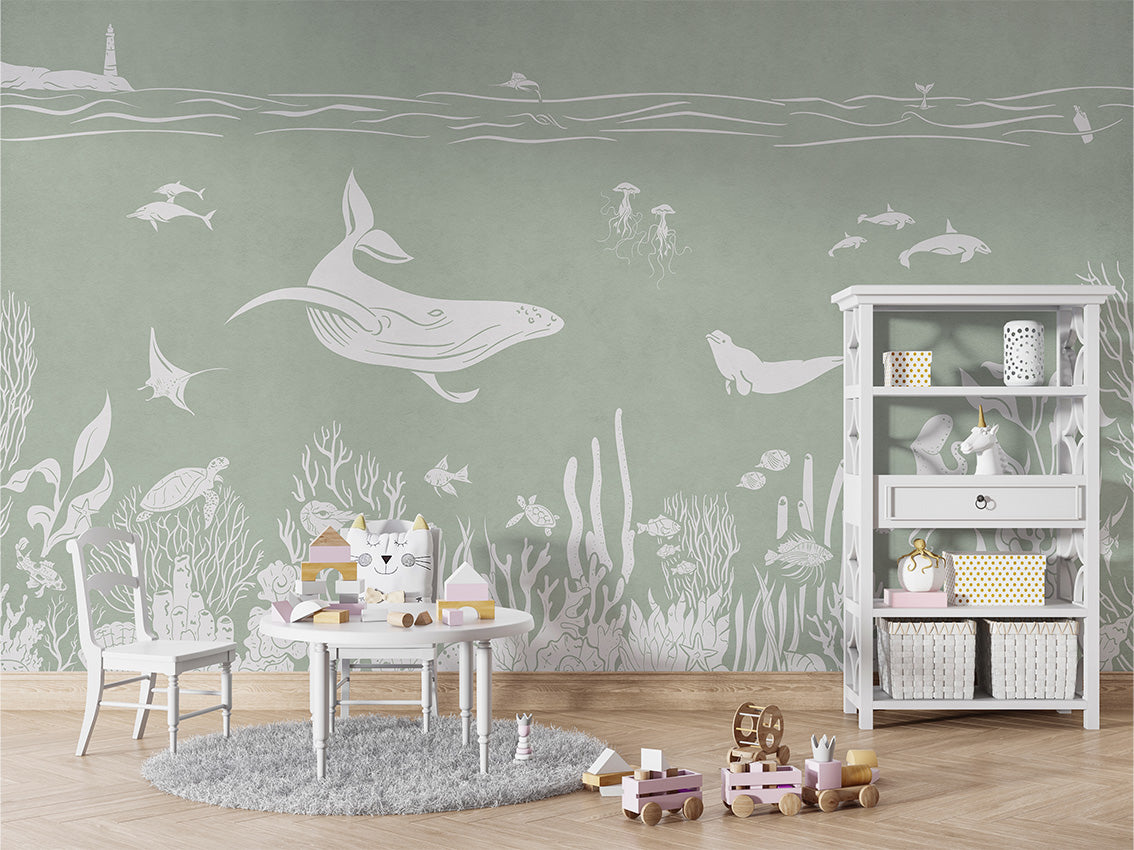 MONOCHROME SEA GREEN - Mural - Table and cabinet