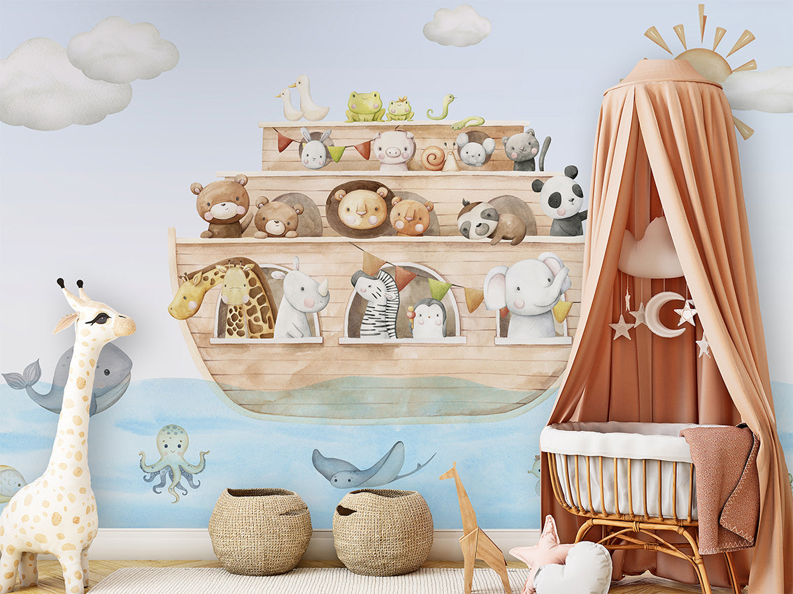 Noah’s Journey – letër murale me arkën e Noes dhe kafshë, Crib 1
