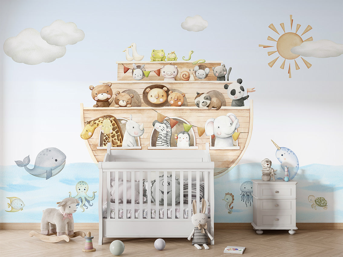 Noah’s Journey – letër murale me arkën e Noes dhe kafshë, Crib