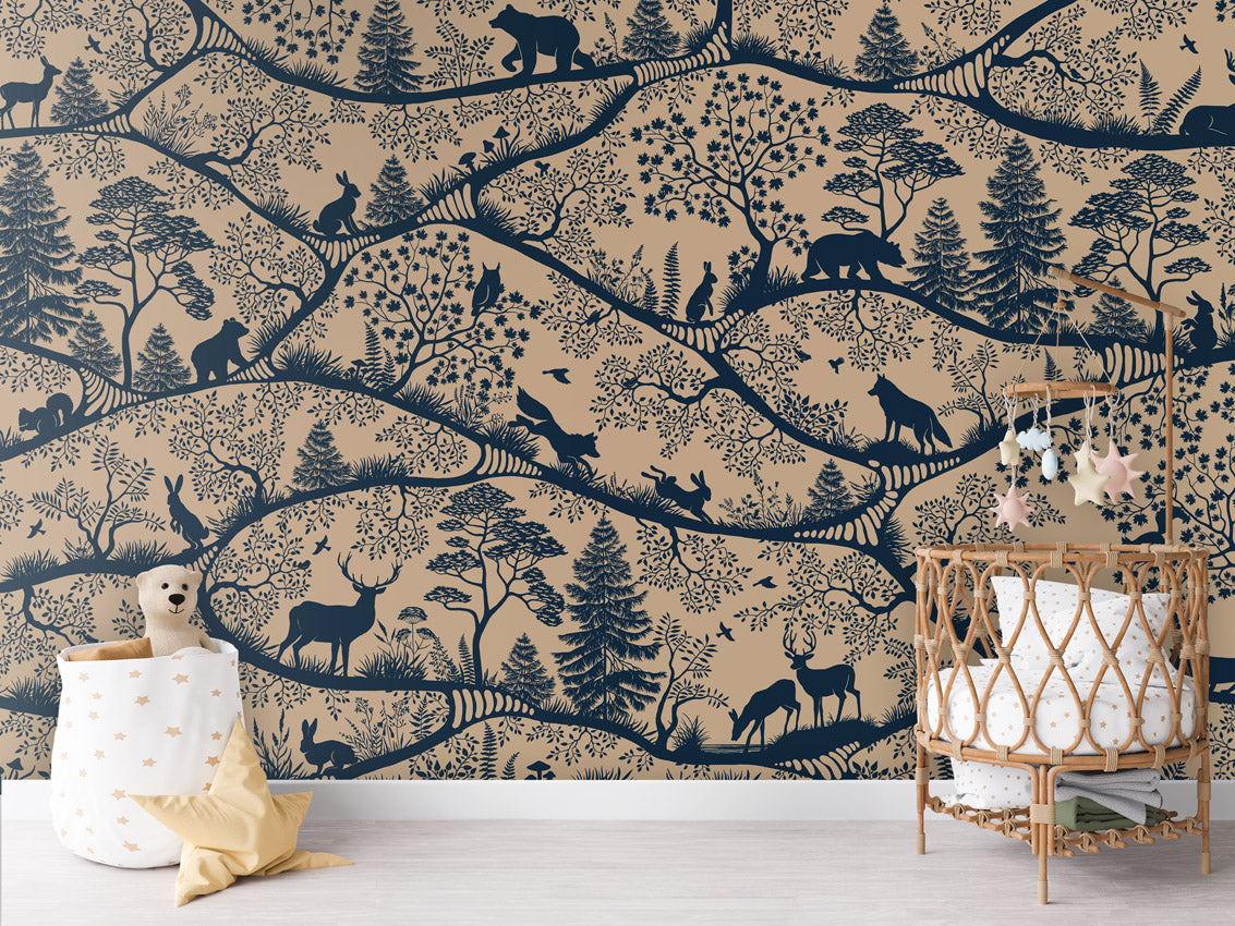 Nordic Nature – Beige Blue, letër murale me kafshë pylli, Crib rotan