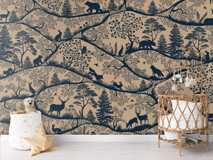 Nordic Nature – Beige Blue, letër murale me kafshë pylli, Crib rotan