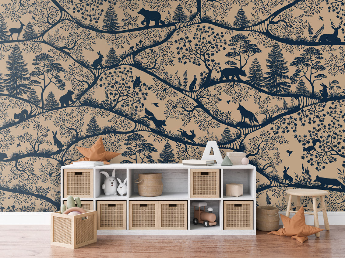 Nordic Nature – Beige Blue, letër murale me kafshë pylli, Dressoir