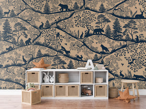 Nordic Nature – Beige Blue, letër murale me kafshë pylli, Dressoir