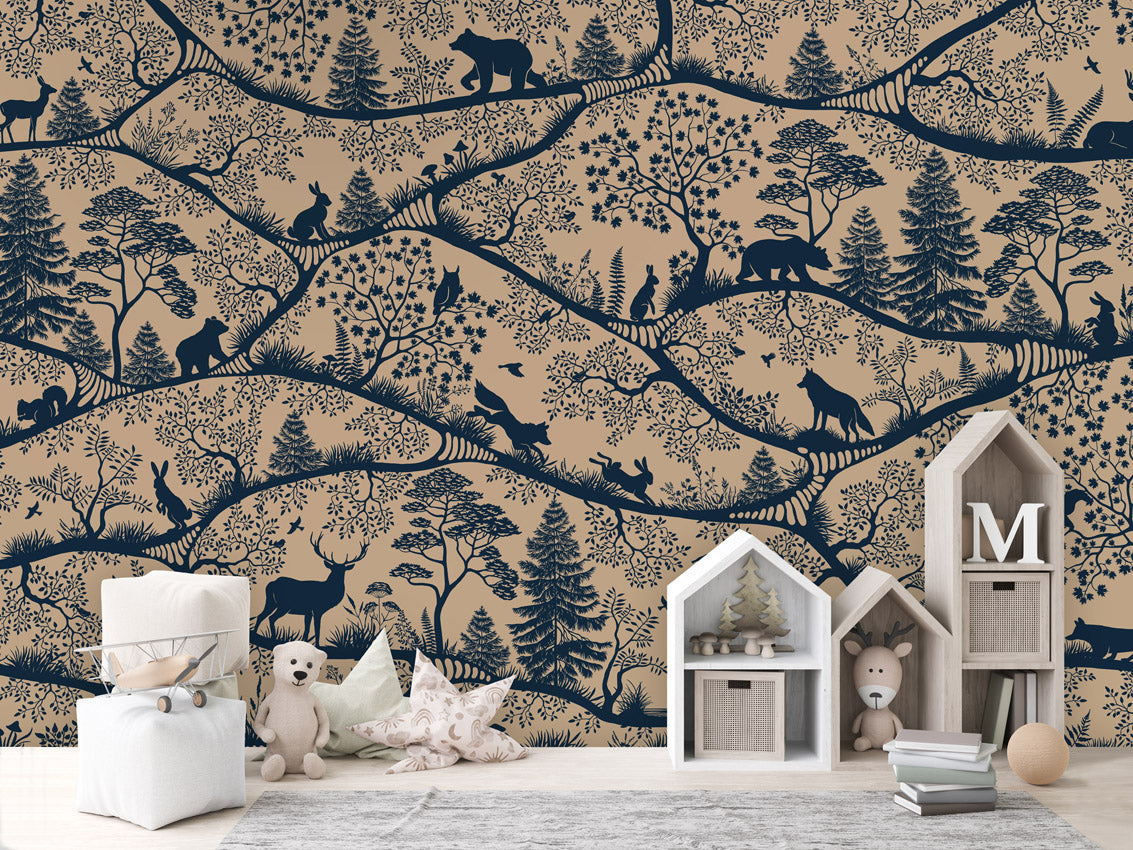 Nordic Nature – Beige Blue, letër murale me kafshë pylli, House cabinets