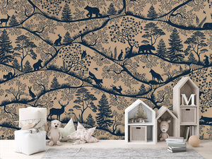 Nordic Nature – Beige Blue, letër murale me kafshë pylli, House cabinets