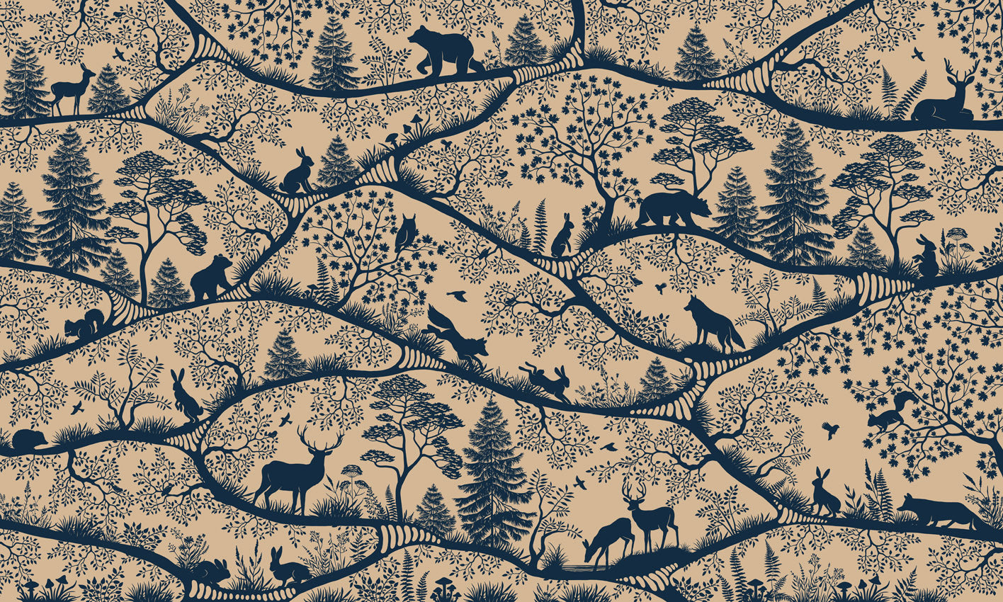Nordic Nature – Beige Blue, letër murale me kafshë pylli, dizajni i plotë