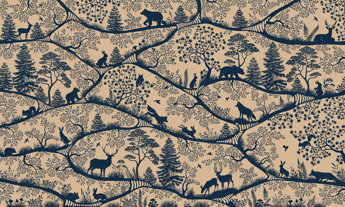 Nordic Nature – Beige Blue, letër murale me kafshë pylli, dizajni i plotë