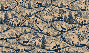 Nordic Nature – Beige Blue, letër murale me kafshë pylli, dizajni i plotë