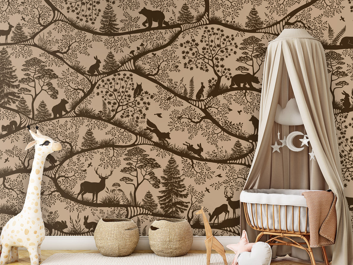 Nordic Nature – Beige Brown, letër murale me kafshë pylli – Crib clamboe