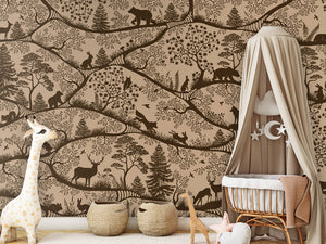 Nordic Nature – Beige Brown, letër murale me kafshë pylli – Crib clamboe